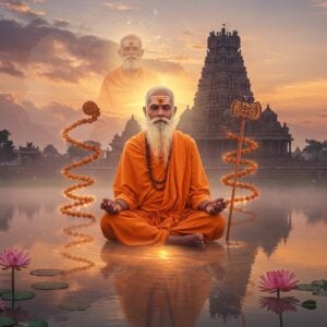 A serene elderly Indian Sannyasi in saffron robes meditating in lotus position, floating slightly above a reflective sacred lake at dawn. His face shows deep peace and wisdom, with long grey beard and traditional vibhuti marks on forehead. Behind him rises a massive ancient stone temple with intricate Dravidian architecture, partially covered in morning mist. Multiple translucent, ethereal forms of the same Sannyasi fade into the background, symbolizing the journey from material to spiritual existence. Sacred rudraksha beads and a wooden staff float in spiral patterns around him, emitting soft golden light. The scene is illuminated by both dawn's pink-orange light and spiritual aura, creating a mystical atmosphere. In the foreground, lotus flowers emerge from the water, their petals carrying delicate drops of dew that sparkle like diamonds. The art style combines hyperrealistic digital painting with traditional Madhubani patterns in the sky, where intricate mandalas and cosmic symbols are subtly woven into the clouds. The color palette focuses on sacred saffron, deep maroon, gold, and ethereal blues.