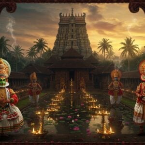 A majestic aerial view of a traditional Kerala temple with golden-tipped gopuram against a monsoon sunset, surrounded by coconut palms. In the foreground, an elaborately dressed Kathakali dancer in vibrant green and red attire performs with dramatic facial expressions, while a row of brass nilavilakku (traditional oil lamps) illuminates the scene with warm golden light. To the right, Theyyam performers in dramatic red and gold costumes and towering headdresses perform sacred rituals. The temple pond reflects the scene like a mirror, with floating lotus flowers and rose petals. Intricate Madhubani-style patterns frame the scene, featuring elephants, peacocks, and traditional Kerala motifs in deep maroon, saffron, and peacock blue. The atmosphere is mystical with traces of incense smoke creating ethereal swirls in the air, backlit by soft golden rays. The architectural details of the temple showcase intricate wooden carvings and brass work typical of Kerala architecture. Art style combines hyperrealistic digital art with traditional Indian art elements, emphasis on rich colors and dramatic lighting, creating a cinematic and spiritual atmosphere. --ar 16:9 --v 5.2