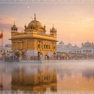 A magnificent golden Gurudwara with intricate Punjabi architecture rising against a dawn sky with soft pink and orange hues, its domes gleaming in sunlight. The building features detailed Mughal-inspired arches and patterns in gold and white. A serene sarovar (holy pool) in the foreground reflects the structure perfectly, with gentle ripples creating mesmerizing patterns. Devotees in traditional Punjabi attire, including men in turbans and women in suits, are seen circumambulating the holy water. Strings of marigold flowers and white jasmine decorate the entrance. The Nishan Sahib (Sikh flag) stands tall with its distinctive triangular shape and saffron color, gently waving in the breeze. Rays of divine light filter through morning mist, creating a mystical atmosphere. The scene is rendered in a blend of photorealistic and ethereal digital art style, with careful attention to architectural details and cultural authenticity. Soft glowing lights illuminate the entire scene, while delicate patterns inspired by Madhubani art form the borders of the scene.
