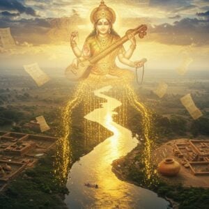 A mystical aerial view of an ancient river valley with shimmering golden waters flowing through a lush landscape, merging both archaeological and divine elements. The river takes the form of a celestial Veena with flowing water strings, transforming into actual water streams. Goddess Saraswati's ethereal silhouette appears in the misty background, rendered in traditional Indian Madhubani style with four arms holding veena, books, crystal rosary, and lotus. Ancient Harappan city ruins visible along the riverbanks, with partially buried artifacts and terracotta pottery emerging from the sand. Satellite imagery patterns overlap with ancient Sanskrit manuscripts floating in the air. The scene features a dramatic interplay of light, with soft golden rays filtering through clouds, creating a serene atmosphere. Archaeologists' tools and modern scientific instruments seamlessly blend with sacred symbols and lotus flowers. The color palette combines deep indigos, celestial blues, and golden hues, with elements of both photorealistic archaeological details and mystical, spiritual artwork. Intricate mandala patterns in the sky reflect in the river's surface, suggesting the union of science and spirituality.