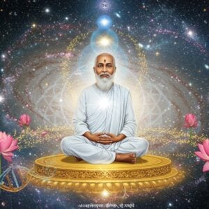 A serene portrait of Maharishi Mahesh Yogi in pristine white robes seated in Padmasana on a golden lotus platform, floating above a cosmic void filled with swirling galaxies and sacred geometry patterns. His face radiates inner peace with a gentle smile, surrounded by a soft ethereal glow. Multiple translucent layers of consciousness depicted as concentric mandalas in pastel blues and golden hues expand from his meditation posture. The background features a subtle blend of modern quantum physics symbols merging with traditional Vedic yantra patterns. Flowing streams of golden light particles represent transcendental consciousness. Blooming lotus flowers in various stages float around him, symbolizing spiritual awakening. The scene incorporates both microscopic and macroscopic elements - from DNA helixes to celestial bodies, all rendered in a harmonious blend of traditional Madhubani art style with contemporary digital art aesthetics. The lighting is soft and luminescent, creating an atmosphere of divine wisdom and tranquility. The overall composition suggests the bridge between ancient wisdom and modern science.