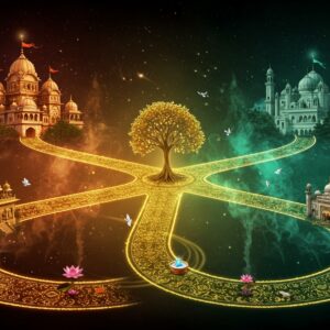 A harmonious spiritual scene showing three interconnected circular paths made of shimmering golden light, each leading to distinct sacred spaces: a ornate Hindu temple with intricate mandala patterns and multiple shikhara spires, a majestic Gurudwara with distinctive Sikh architecture and golden domes, and an elegant mosque with Islamic geometric patterns and minarets. The paths are decorated with shared symbols: lotus flowers, divine light rays, and peaceful doves. The central space where the paths meet features a glowing tree of life with roots made of flowing water. The atmosphere is ethereal with soft, floating orbs of light in shades of saffron, emerald, and azure. Mystical smoke tendrils in gold and white intertwine through the scene. Traditional Indian architectural motifs blend seamlessly with modern, minimalist design elements. The sky shows a cosmic dance of stars and sacred geometric patterns from all three traditions. Art style combines traditional Madhubani patterns with contemporary digital art techniques, featuring rich jewel tones and metallic accents. Hyperrealistic rendering with magical ethereal lighting effects.