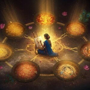A mystical Indian art studio with six interconnected circular chambers floating in ethereal space, each chamber glowing with distinct golden light. In the center, a serene Indian female artist in a peacock blue saree creates art on a floating canvas. The first chamber shows perfect proportions with divine measurements in gold, the second displays vibrant color variations from deep maroons to saffron, the third demonstrates expressive gestures and mudras, the fourth reveals beauty through ornate Madhubani patterns, the fifth exhibits sacred geometry and mandalas, and the sixth manifests photorealistic portraits. Lotus flowers and peacock feathers frame the scene. Swirling patterns of traditional Indian motifs connect all chambers. The lighting is dramatic with soft golden rays illuminating each chamber. The style combines hyperrealistic digital art with traditional Pattachitra patterns. Floating paintbrushes trailing celestial colors weave through the chambers. The atmosphere is magical and transcendent, with subtle smoke effects and sparkles of gold dust in the air.