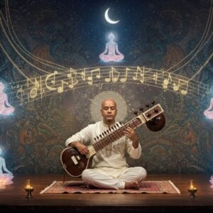 A serene Indian classical musician in a flowing white silk kurta performing on a ornate wooden stage, his fingers gracefully playing a golden sitar. Behind him, ethereal visualizations of musical notes transform into swirling, luminous mandalas in deep indigo and gold. Floating lotus flowers emit soft pastel auras (pale pink, lavender, and turquoise) that pulse in rhythm with the music. The background features intricate Madhubani-style patterns depicting peacocks and vines in muted earth tones. Delicate threads of golden light weave through the scene, representing the healing energy of the ragas. A mystical crescent moon glows softly above, casting a peaceful silver light. Several people in meditation poses float in a dreamlike state, surrounded by glowing musical notations. The overall scene has a surreal, therapeutic quality with a color palette of deep blues, soft golds, and peaceful pastels. The art style merges traditional Indian motifs with modern digital art techniques, creating a contemporary spiritual aesthetic.