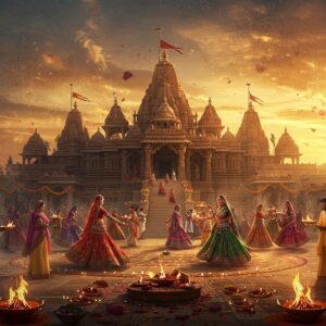A grand panoramic scene of a majestic ancient Indian temple complex in Western India during sunset, with ornate Gujarati and Rajasthani architectural elements, featuring soaring shikhara towers adorned with intricate stone carvings. The foreground shows devotees in traditional Western Indian attire performing aarti ceremonies, their brass thalis creating golden light reflections. Multiple layers of action: in the mid-ground, a vibrant Garba dance circle with women in mirror-work chaniya cholis in motion, their ghagras creating circular patterns. The background features an ethereal blend of Madhubani and digital art style, with floating mandalas and lotus patterns in deep saffron, maroon, and peacock blue. Glowing diyas and floating flowers create leading lines toward the temple. Mystical smoke from ceremonial fires adds depth, while strings of marigolds and temple bells frame the scene. The lighting is magical, combining golden hour sunlight with the warm glow of traditional lamps, creating an atmospheric, spiritually charged environment. Hyperdetailed, cinematic composition, 8k quality, atmospheric lighting, photorealistic texturing with elements of magical realism.