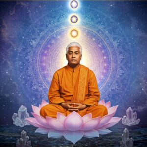 A serene portrait of Paramahansa Yogananda in his characteristic pose, seated in lotus position on a translucent lotus flower, wearing a saffron robe with intricate Madhubani-style golden patterns. His eyes are half-closed in deep meditation, emanating a soft golden aura. Behind him, a large ethereal mandala made of light spirals outward, incorporating subtle imagery of his most famous books - Autobiography of a Yogi, God Talks with Arjuna, and The Second Coming of Christ. The mandala transitions from deep royal blue at its center to cosmic purples and finally to white light at its edges. Multiple transparent layers show the journey of a seeker: starting from darkness at the bottom, progressing through various stages of consciousness represented by ascending lotus flowers in pastel hues, leading to a brilliant white light at the top. Floating crystals and sacred geometry patterns in gold add depth. The overall scene has a dreamy, digital art quality with soft glowing edges, painted in high-definition photorealistic style with surreal elements. The color palette focuses on peaceful blues, purples, and golden hues with hints of saffron.