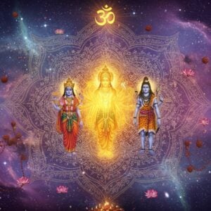 A majestic cosmic scene depicting Lord Brahman as a luminous, formless golden light emanating from the center of a complex, multi-layered mandala. The mandala features intricate Sanskrit patterns in deep indigo and saffron. From this central light, three distinct divine forms emerge: Lord Brahma (four-headed, holding vedas), Lord Vishnu (four-armed, holding conch, chakra, mace, and lotus), and Lord Shiva (in meditation pose with crescent moon). Above them, the Om symbol glows in ethereal light. The background shows the cosmic universe with swirling galaxies, nebulae in deep purples and blues, and floating lotus flowers. Sacred geometric patterns in gold and white interweave throughout the scene. Multiple layers of translucent, flowing fabric in celestial colors create depth. Smaller manifestations of divine energy appear as sparkles of light, while peacock feathers and rudraksha beads float in the spiritual atmosphere. Art style combines traditional Madhubani patterns with modern digital art techniques, hyperrealistic details, and a mystical color palette of deep cosmic blues, spiritual purples, and divine golds. The scene should have a serene yet powerful energy, with soft glowing edges and ethereal light effects.
