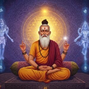 A majestic portrait of Abhinavagupta, depicted as a wise Indian sage with deep meditative eyes and tilak on forehead, seated in padmasana on a carved stone platform adorned with Sanskrit geometric yantras. He's wearing traditional Kashmir Shaivite robes in deep maroon and saffron. His hands form the chin mudra while floating around him are ethereal, translucent manifestations of Shiva and Shakti in cosmic dance. The background features a large, intricate Sri Yantra emanating golden light, with swirling patterns of consciousness represented by flowing streams of blue and white energy. Multiple layers of reality are depicted through transparent overlapping mandalas in shades of deep purple and cosmic blue. Sacred Kashmir Shaivism symbols float in the space, while lotus flowers and enlightenment flames frame the composition. The art style merges hyperrealistic digital painting with traditional Kashmiri miniature art techniques, featuring rich textures and metallic gold accents. The lighting is mystical with a combination of cool moonlight and warm spiritual glow, creating an atmosphere of profound philosophical contemplation.