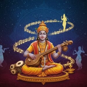 A divine, ethereal scene depicting Purandara Dasa in traditional South Indian dhoti and angavastram, seated cross-legged on an ornate golden lotus platform, playing the tambura. His face radiates spiritual devotion with closed eyes and a serene smile. Behind him, a large, intricate mandala in deep blue and gold features musical notations and symbols of Carnatic music. Surrounding him are floating, translucent musical instruments - veena, mridangam, and flute - emitting golden light trails. Ethereal figures of dancing celestial beings in traditional Bharatanatyam poses appear as subtle silhouettes in pastel hues. The background transitions from deep maroon at the bottom to a celestial midnight blue at the top, with scattered gold sparkles resembling stars. Delicate patterns inspired by Hoysala temple architecture frame the scene. The lighting focuses on Purandara Dasa, creating a divine aura around him. Multiple streams of musical notes visualized as golden light swirls emerge from his tambura, forming the shapes of Krishna and other deities he sang about. Art style combines traditional Indian Mysore painting techniques with modern digital art aesthetics, emphasizing photorealistic details and magical lighting effects.