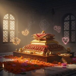 A serene indoor temple scene with rays of golden morning light streaming through ornate windows, illuminating the Sri Guru Granth Sahib Ji placed on an elevated, intricately carved wooden platform adorned with traditional Punjabi patterns. The holy book rests on a rich crimson cloth with golden embroidery. Floating around it are ethereal, translucent manifestations of its core teachings - hands joined in seva, a shared meal representing langar, and a glowing heart symbolizing universal brotherhood. In the foreground, fresh marigold and lotus flowers create a path leading to the scripture. The atmosphere is enhanced by swirling patterns of incense smoke mixing with the light beams, creating mystical patterns in the air. The color palette focuses on deep royal blues, rich golds, and warm whites. The art style combines traditional Indian miniature painting techniques with modern digital art, featuring intricate details and a subtle gradient lighting that gives depth and dimension. Multiple brass diyas with soft flames surround the scene, creating a warm, inviting glow.