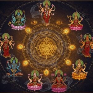 A mystical circular mandala arrangement featuring the Ten Mahavidyas in their traditional forms, radiating outward from a central Sri Yantra. Kali (four-armed, dark-skinned, wearing a garland of skulls) at the top, followed clockwise by Tara (emerald-green, standing on Shiva), Tripura Sundari (rose-pink, holding sugarcane bow), Bhuvaneshwari (golden-complexioned, four-armed with cosmic gestures), Chinnamasta (red, holding her severed head), Bhairavi (crimson, adorned with ornaments), Dhumavati (smoke-colored widow on a wingless crow), Bagalamukhi (golden-yellow, pulling demon's tongue), Matangi (emerald-green, playing veena), and Kamala (golden, lotus-seated). Each Mahavidya paired with their respective Bhairav in shadow form behind them. The scene illuminated by ethereal golden light with swirling tantric Sanskrit symbols and yantra patterns in the background. Smoke and mystical energy tendrils connect each deity. Art style merging traditional Tantric manuscript paintings with modern digital art, using deep jewel tones of maroon, indigo, gold, and emerald. The composition creates a mesmerizing spiral effect drawing viewers into the center. Floating lotus petals and subtle geometric patterns fill negative spaces.