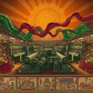 A grand, panoramic scene of a modern Indian textile factory seamlessly blending with traditional handloom workshops, rendered in rich Madhubani-inspired art style. In the foreground, skilled Indian artisans in vibrant traditional attire (deep maroon and peacock blue sarees) work on intricate handlooms creating colorful silk patterns. The middle ground shows modern machinery with golden threads weaving through automated looms, creating a visual flow from traditional to modern. The background features a rising sun formed from a large mandala pattern in saffron and gold, symbolizing economic growth. Floating fabric swirls throughout the scene in jewel tones (emerald green, royal blue, and deep crimson), forming dynamic patterns. Delicate lotus motifs are woven into the fabrics. The lighting is warm and ethereal, with soft glowing highlights on the machinery and threads. The scene includes intricate border patterns inspired by Pattachitra art, showing small vignettes of textile workers, export ships, and modern retail stores. The overall composition flows from left to right, suggesting progress and development, with a subtle integration of traditional and modern elements.