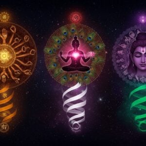 A triptych-style composition showing three interconnected circular mandalas against a deep cosmic background with stars and subtle sacred geometry. The left mandala depicts hands performing karma yoga - showing multiple bronze hands in mudras and performing actions, surrounded by golden karma symbols and spiraling energy. The central mandala shows the essence of bhakti yoga - a devotee in deep meditation with their heart chakra radiating intense rose-gold light, with peacock feathers and lotus flowers floating around. The right mandala represents jnana yoga - featuring an enlightened face in profile with the third eye prominent, surrounded by sacred texts and flames of knowledge in deep purple and indigo hues. All three mandalas are connected by flowing ribbons of light in saffron, white and green. The entire scene has intricate Madhubani-style patterns in the background with contemporary digital gradient effects. The lighting is ethereal with god rays emerging from behind. The color palette features deep jewel tones of maroon, peacock blue, and burnished gold with touches of luminescent white. Hyperrealistic digital art style with photorealistic elements combined with traditional Indian artistic motifs.