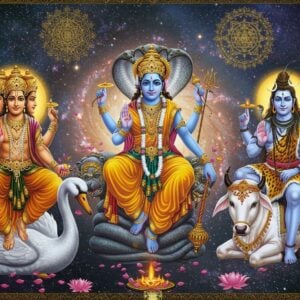 A divine cosmic scene showing the three majestic Trimurti deities seated on their celestial vehicles against a swirling galaxy background with golden mandalas. Lord Brahma in the left, four-headed with matted hair and golden crown, seated on white swan, holding vedas in one hand, kamandalu in second, prayer beads in third, and lotus in fourth hand, wearing saffron-gold dhoti. Lord Vishnu in center, cosmic blue complexion, four arms holding shankha, chakra, gada, and padma, adorned with vaijayanti garland, seated on coiled Shesha Naga. Lord Shiva on right, fair complexion with crescent moon in matted hair, four arms holding trishul, damaru, rudraksha mala, and abhaya mudra, tiger skin dhoti, seated on majestic white Nandi. Each deity emanates their signature aura - golden for Brahma, electric blue for Vishnu, silver for Shiva. Sacred geometry patterns and yantra designs float in background. Intricate Madhubani-style border frames the scene. Ethereal light rays and floating lotus petals add divine atmosphere. Style should blend traditional Indian temple art with modern digital fantasy aesthetics, hyperrealistic rendering with ornate details.