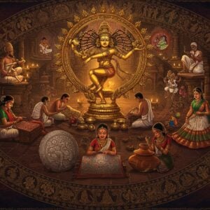 A majestic Indian cultural panorama showcasing multiple art forms in concentric circles, centered around a radiant golden Nataraja statue in dancing pose. In the inner circle, skilled artisans creating intricate Madhubani paintings with peacocks and lotus motifs, using deep indigo and crimson. Middle circle features master craftspeople working on detailed Bidri metalwork with silver inlay patterns, alongside women weaving vibrant Banarasi silk in royal purple and gold. Outer circle displays Kathakali dancers in elaborate green-gold costumes and dramatic makeup, next to pottery makers crafting terracotta sculptures. The scene is illuminated by warm, ethereal light, with floating mandalas and swirling rangoli patterns in the background. Traditional bronze oil lamps cast a gentle glow. Architectural elements include carved temple pillars and jaali work. The color palette features rich jewel tones - deep maroon, peacock blue, emerald green, and burnished gold. The art style combines hyperrealistic details with surreal, magical elements, creating a dreamlike quality while maintaining cultural authenticity. The scene is framed by intricate Pattachitra-style decorative borders with traditional motifs.
