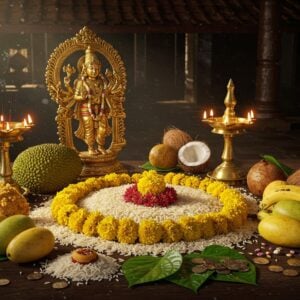 A traditional Kerala brass Uruli placed on a dark wooden altar, filled with fresh yellow konna flowers arranged in a perfect circular pattern, surrounded by raw rice, fresh fruits (especially yellow mangoes and golden-yellow jackfruits), betel leaves, and fresh coconuts. A large ornate brass Vishnu idol sits centrally, with multiple hands holding the conch shell, chakra, mace, and lotus. An elaborate brass Nilavilakku (traditional Kerala lamp) glows with golden light, casting intricate shadows. Currency notes and coins are arranged artistically. The scene is illuminated by soft morning sunlight streaming through a window, creating a divine atmosphere with subtle light rays. The background features traditional Kerala architecture with wooden pillars and curved roof tiles. Delicate smoke wisps from lit incense create an ethereal effect. The color palette emphasizes rich yellows, warm golds, and deep browns, with touches of green from fresh leaves. The style combines photorealistic details with mystical lighting effects, incorporating both Malayali traditional art elements and modern digital aesthetics. Small water droplets on fruits and flowers add freshness and realism.