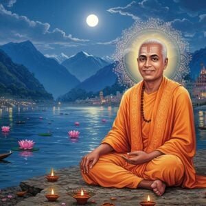 A serene portrait of Swami Sivananda Saraswati seated in Padmasana on a moonlit riverbank of the Ganges at Rishikesh, his form radiating a soft golden aura. He wears traditional saffron robes with intricate Madhubani-style patterns along the edges. His face bears a gentle smile and peaceful expression, with eyes half-closed in meditation. Behind him rises the majestic Himalayas, rendered in ethereal blues and purples. Floating lotus flowers with glowing centers dot the river's surface, while sacred geometric mandalas appear as translucent overlays in the night sky. The scene is illuminated by both moonlight and small diyas floating on leaf boats. Swirling patterns of divine energy in pastel colors of rose gold and turquoise emanate from his form, interweaving with traditional Vedic symbols. The art style combines hyperrealistic digital rendering with traditional Indian Pattachitra elements, creating a contemporary spiritual aesthetic. The overall composition suggests deep wisdom, peace, and spiritual mastery.