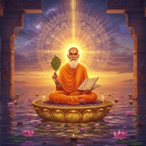 A majestic Indian sage, Prabhakara, seated in padmasana on a golden lotus platform floating above a cosmic ocean. His form radiates brilliant golden light (prabha) like a rising sun, with concentric circles of light emanating from his body. He wears traditional saffron robes with intricate Madhubani-style patterns. His right hand holds ancient palm leaf manuscripts with Sanskrit writings, while his left hand is in chin mudra. Behind him, a large mandala design incorporating sun rays and vedic symbols floats in a twilight sky filled with swirling cosmic energy in deep purples and blues. The scene is framed by ornate pillars decorated with traditional Pattachitra art style showing scenes from philosophical debates. Floating diyas and lotus flowers surround the platform, their reflections creating patterns in the cosmic waters below. The lighting creates a divine atmosphere with golden hour warmth, while maintaining the surreal, spiritual aesthetic. The art style seamlessly blends hyperrealistic digital painting with traditional Indian art elements.