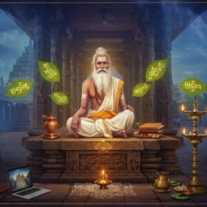 A serene elderly Tamil sage with flowing white beard, wearing traditional white veshti and angavastram, seated in padmasana on an intricately carved stone platform adorned with Tamil architectural motifs. He's surrounded by floating, luminescent palm leaves with golden Tamil scripts emanating subtle light. The background features a grand ancient Tamil temple corridor with massive granite pillars merging into a modern cityscape. A soft golden light bathes the scene, while ethereal blue and purple mist swirls around. Symbolic elements include a modern laptop, smartphone, and business attire seamlessly blending with traditional items like palm manuscripts and bronze oil lamps. Detailed Kolam patterns in glowing lines connect the traditional and modern elements. The art style combines hyperrealistic digital painting with traditional Indian miniature art techniques, emphasizing rich jewel tones of deep blue, gold, and burgundy. The scene is framed by stylized lotus flowers and peacock motifs in metallic gold accents.