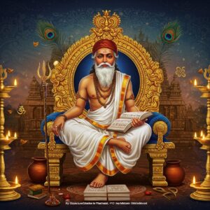 A majestic portrait of Thiruvalluvar in traditional white dhoti and holy thread, seated in a contemplative pose on an ornate golden throne, against a backdrop of ancient Tamil architecture. His distinctive long white beard flows gracefully, and his hands rest on the sacred Thirukural text. The scene is illuminated by traditional brass vilakku (lamps) creating a warm, ethereal glow. Surrounding him are intricate kolam patterns in vibrant colors, seamlessly blending into modern geometric designs. Floating peacock feathers and Tamil symbols create a dynamic frame. The color palette features deep royal blues, gold accents, and earthy terracotta tones. The style combines traditional Tanjore painting techniques with modern digital art aesthetics, featuring rich textures and metallic highlights. Tamil architectural elements like temple gopurams fade into a dreamy background with subtle modern gradient effects. Soft light rays filter through, creating a divine atmosphere. The composition should maintain cultural accuracy while appealing to contemporary aesthetics.