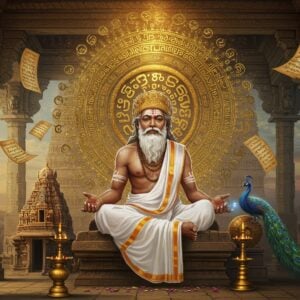 A dignified portrait of Thiruvalluvar in traditional white dhoti and holy thread across chest, seated in a carved stone mandapam with intricate Tamil architectural details. His distinctive long white beard, flowing hair, and serene expression captured in hyperrealistic detail. Behind him, a large golden mandala incorporating Tamil script patterns glows ethereally. Floating Tamil palm leaves with ancient writings surround him, emanating soft blue light. The scene is adorned with traditional Tamil symbols like the temple tower, yazh (ancient musical instrument), and peacock motifs. Modern digital art elements blend with Tanjore painting style, using rich golds, deep browns, and ivory whites. Soft rays of dawn light filter through temple pillars, creating a mystical atmosphere. The background features a subtle representation of the Thiruvalluvar statue at Kanyakumari rendered in a minimalist style. The composition balances ancient wisdom with contemporary aesthetic, showing both tradition and timelessness.