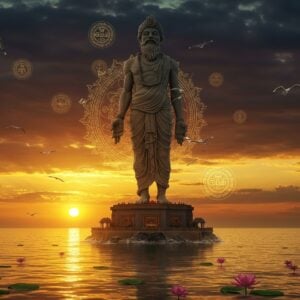 A towering, majestic statue of Thiruvalluvar emerges from the Arabian Sea against a dramatic sunset sky in rich oranges and deep purples. The saint-poet stands 133-feet tall, carved in intricate detail with traditional Tamil features, wearing a flowing white dhoti and angavastram. His long beard, peaceful expression, and meditation pose reflect deep wisdom. The statue stands on an ornate 38-foot pedestal decorated with traditional Tamil Sthapathya architectural elements and mandala patterns in gold. Surrounding waters reflect golden light, with gentle waves creating a mirror-like effect. Flying seabirds circle the statue while lotus flowers float in the foreground waters. The background showcases the meeting point of three seas with distinct color variations. Ethereal glowing mandalas and Tamil motifs float in the air around the statue. Art style combines hyperrealistic digital rendering with traditional South Indian artistic elements, emphasizing monumentality and spiritual significance. Lighting emphasizes the golden hour with rim lighting on the statue's edges. Atmosphere conveys serenity and timeless wisdom.