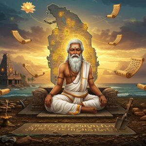 A majestic ancient Tamil scholar figure resembling Thiruvalluvar with flowing white beard, wearing traditional white dhoti and angavastram, seated in deep meditation on an ornate stone throne. Behind him, a mystical map of Tamil Nadu rendered in traditional Madhubani style with golden lines shows multiple glowing points representing claimed birthplaces. The background features a blend of three distinct architectural styles - Mylapore temple architecture, Kancheepuram temples, and coastal Tamil fishing villages, all connected by ethereal golden threads. Floating scrolls with ancient Tamil scripts surround him. The scene is illuminated by warm golden light breaking through clouds, casting symbolic shadows. In the foreground, a partially buried stone inscription emerges from soil, with archeological tools nearby. Art style combines hyperrealistic digital painting with traditional Indian motifs, featuring a rich color palette of deep maroons, ocean blues, and antique golds. Mystical elements include subtle glowing mandalas and lotus patterns in the sky, creating an atmosphere of timeless wisdom and historical mystery.