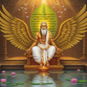 A majestic portrait of Thiruvalluvar in traditional white dhoti and shawl, seated in a contemplative pose on an ornate golden throne adorned with Tamil architectural motifs and intricate Kolam patterns. His distinctive long white beard flows ethereally, surrounded by a celestial aura in soft gold and deep saffron hues. Behind him, a massive stylized palm leaf manuscript unfolds like wings, containing barely visible Tamil scripts that transform into flying birds. The background features a blend of ancient Tamil architecture with geometric patterns transitioning into modern minimal designs. In the foreground, a reflective pool shows rippling water with floating lotus flowers in pastel blues and pinks. Rays of divine light filter through, creating a mystical atmosphere. The scene is framed by traditional Tamil temple pillars with peacock motifs that gradually fade into contemporary abstract forms. The art style combines hyperrealistic details with ethereal digital effects, maintaining cultural authenticity while appealing to modern aesthetics. The lighting emphasizes the divine wisdom and timeless nature of his teachings through a combination of warm golden light and cool spiritual blues.