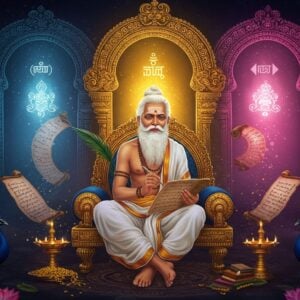 A dignified elderly Indian sage with a long white beard, dressed in traditional white dhoti and angavastram, seated in padmasana on an ornate golden throne. He is Thiruvalluvar, depicted with a palm leaf manuscript and stylus in hand. Behind him, three majestic archways emerge - the central arch glows with warm golden light (representing Aram/virtue), the left arch radiates royal purple (representing Porul/wealth), and the right arch emanates soft rose pink (representing Inbam/love). Intricate Tamil motifs and kolam patterns flow between the arches. The background features a ethereal gradient from deep midnight blue to dawn gold. Floating Tamil scrolls with gentle light emanating from them surround the sage. The scene is rendered in a fusion of traditional Tanjore painting style and modern digital art, with metallic accents and a subtle sacred geometry overlay. Soft backlight creates a divine aura around Thiruvalluvar. Peacock feathers and lotus flowers frame the corners. The lighting is dramatic yet serene, with god rays filtering through the arches. Hyperrealistic details in the sage's expression convey deep wisdom and compassion.