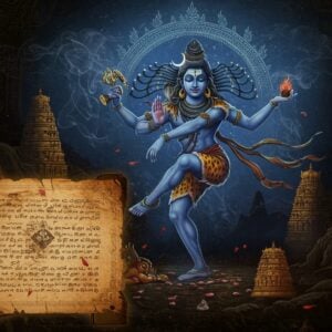 A majestic Lord Shiva performing his cosmic dance against a backdrop of ancient Tamil palm leaves and manuscripts, his four arms in perfect Nataraja pose - upper right hand holding damaru, upper left hand holding agni, lower right hand in abhaya mudra, lower left hand pointing to lifted foot. He wears traditional ornaments, sacred thread, and tiger skin, with matted locks flowing dynamically. The scene is illuminated by a divine blue-gold aura, with Tamil-style architectural elements and temple towers in silhouette. Intricate Madhubani-style patterns frame the composition, featuring miniature vignettes of Shiva's divine plays - the marriage with Meenakshi, turning Markandeya immortal, and blessing Pandya kings. The foreground shows an ornate Tamil manuscript with gold-leafed edges, partially unfurled. The color palette combines deep indigos, burnt golds, saffron, and crimson, with ethereal glowing elements. The art style merges traditional South Indian temple art with modern digital fantasy aesthetics, creating a surreal, spiritual atmosphere. Delicate smoke tendrils and floating lotus petals add movement to the scene.