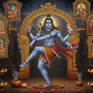 A majestic Lord Shiva performing his cosmic dance in a divine courtyard of ancient Madurai temple, wearing flowing white dhoti with tiger skin, sacred ash smeared across his body, four hands - upper right holding damaru, upper left holding agni, lower right in abhaya mudra, lower left in gajahasta pose. His hair flows ethereally with the crescent moon and Ganga, surrounded by intricate golden mandalas and mystical swirls. In the background, multiple smaller vignettes float like celestial windows showing key scenes - a farmer receiving golden mangoes, Shiva blessing the Tamil poet Dharumi, and the sacred marriage with Meenakshi. The scene is illuminated by soft blue-white divine light, with floating lotus petals and vedic symbols. The art style merges traditional Tanjore painting elements with modern digital art, featuring rich gold accents, deep peacock blues, and burgundy tones. Intricate Tamil architectural details frame the composition, with smoke from temple oil lamps creating a mystical atmosphere.