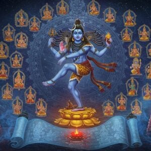 A majestic Lord Shiva performing his cosmic dance (Nataraja pose) in the center, with 4 hands - upper right holding damaru, upper left holding agni, lower right in abhaya mudra, lower left lifted in gaja hasta pose, standing on a golden lotus pedestal. His matted hair flows with celestial Ganga, crescent moon adorns his head, third eye prominent. Behind him, a massive ornate mandala glows in deep blues and gold, incorporating Tamil scripture motifs. Around him, 64 divine acts from Thiruvilaiyadal float as ethereal vignettes in Madhubani art style - including turning Vishnu into a fox, blessing Hemanathan with golden body, and appearing as Bhikshatana. The scene is illuminated by divine light with swirling cosmic energy in peacock blues and deep purples. Sacred ash (vibhuti) particles sparkle in the air. The overall composition merges traditional Thanjavur art style with modern digital art techniques, creating a surreal, spiritual atmosphere. In the foreground, a translucent scroll with Tamil architectural elements unfurls organically.