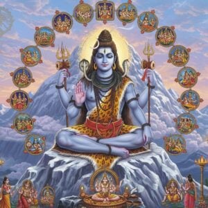 A majestic Lord Shiva seated in Padmasana on a silver-white mountain peak, depicted in a contemporary digital art style with traditional Indian elements. He has four arms, holding the Damaru (drum) in upper right hand, Trishul in upper left, lower right hand in Abhaya mudra, and lower left holding a manuscript representing the Puranam. His form radiates a ethereal blue aura with intricate golden mandala patterns. Around him, in a circular arrangement, are 64 miniature vignettes showing his divine acts - each scene detailed in Madhubani art style with rich colors. The background features the sacred Mount Kailash with mystical clouds in pastel purples and blues. Floating lotus flowers and Tamil-style architectural elements frame the composition. The scene is illuminated by soft, divine light emanating from Shiva's third eye. The artwork combines hyperrealistic rendering with traditional Indian artistic motifs, creating a serene yet powerful atmosphere. Nataraja's cosmic dance pose appears as a subtle golden silhouette in the background.