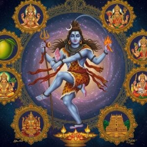 An ethereal scene depicting Lord Shiva in his cosmic dance pose against a swirling galaxy background, wearing tiger skin and rudraksha beads, his four hands holding damaru (drum), agni (fire), abhaya mudra (protection gesture), and varada mudra (blessing gesture). His long matted hair flows with the cosmic wind, containing the crescent moon and the River Ganga. Around him, six miniature vignettes float like golden portals, each showing glimpses of his divine plays: a golden mango, the poet Nakkeerar with palm leaves, Parvati performing penance, the city of Madurai with its golden temple spires, celestial musicians, and sacred bull Nandi. The entire scene is rendered in a fusion of traditional Thanjavur art style and modern digital aesthetics, with intricate mandala patterns in gold and deep blue forming a frame. Soft glowing orbs of light in saffron and pearl white illuminate the scene, while subtle peacock feather motifs adorn the corners. The overall color palette combines deep cosmic blues, royal purples, and radiant golds with touches of emerald green and sacred ash gray.