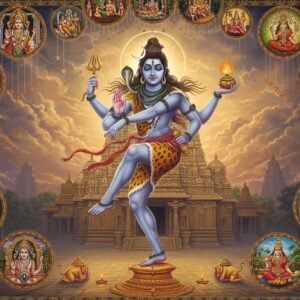 A majestic, ethereal depiction of Lord Shiva performing his cosmic dance in Madurai temple, with 4 arms - upper right hand holding damaru, upper left hand holding agni, lower right hand in abhaya mudra, lower left hand pointing to lifted foot. He wears a crescent moon, with Ganga flowing from his matted locks, tiger skin around his waist, and serpents as ornaments. The background shows the golden-spired Meenakshi Amman temple with intricate Dravidian architecture. Multiple miniature scenes float around in mandala-like circles showing: poets with palm leaves, a farmer with golden anklet, celestial wedding with Meenakshi, and pearl-dropping spiders. The art style combines traditional Thanjavur painting elements with modern digital aesthetics, featuring rich colors like deep blue, gold, and saffron. Soft divine light emanates from Shiva's form, creating a mystical atmosphere. Intricate Tamil motifs and patterns adorn the borders. The scene should have a surreal, timeless quality with elements of both ancient grandeur and contemporary appeal.