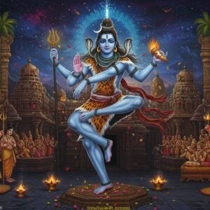 A majestic Lord Shiva in cosmic dance pose, with four arms - upper right holding damaru, upper left holding agni, lower right in abhaya mudra, lower left in gaja hasta mudra, dressed in tiger skin and adorned with serpents, performing the divine play in a grand Tamil temple courtyard. The background features intricate Dravidian architecture with ornate gopurams in gold and maroon. Surrounding him are scenes from Thiruvilaiyadal depicted in traditional Tanjore painting style - including the story of turning wood into sandalwood, the pearl pandal, and the Tamil poet competition. Ethereal blue light emanates from Shiva's form, creating a mystical atmosphere. The scene is enhanced with floating Tamil palm leaves, celestial flowers, and sacred ash particles. The color palette combines deep blues, cosmic purples, and ceremonial golds. The art style merges classical South Indian temple art with modern digital fantasy aesthetics, creating a photorealistic yet mystical quality. Glowing mandalas and Tamil motifs frame the composition. The lighting focuses on Shiva's form with divine illumination while keeping the stories in a subtle glow.