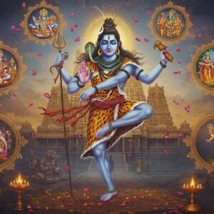 A majestic Lord Shiva in cosmic dance pose, clothed in tiger skin and adorned with serpents, performing one of his divine plays in a ethereal setting. His four arms hold the damaru, agni, deer, and abhaya mudra. His hair flows with the celestial Ganga, and crescent moon adorns his jata. The background shows the golden spires of Madurai Meenakshi Temple with intricate Dravidian architecture. Multiple vignettes float around him like mystical windows, each depicting different leelas - the pearl-filled elephant, the farmer receiving golden plough, and the wedding with Meenakshi. The scene is illuminated by soft, divine blue light emanating from Shiva's form, with floating lotus petals and spiritual symbols rendered in gold. Mandala patterns in deep maroon and saffron create circular frames around each story. The art style merges traditional Thanjavur painting techniques with modern digital art, featuring rich textures, metallic accents, and a surreal, dreamlike quality. Sacred ash vibhuti patterns float in the air, adding to the spiritual atmosphere.
