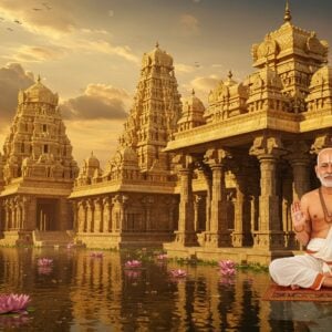 A majestic ancient South Indian temple complex in Thoopul, rendered in rich gold and saffron hues, with intricate Dravidian architecture featuring multi-tiered gopurams adorned with detailed sculptures. In the foreground, a lifelike statue of Sri Vedanta Desika seated in padmasana, wearing traditional white dhoti and angavastram, holding palm leaf manuscripts in his right hand and displaying chinmudra with his left. Behind him, a grand sanctum entrance with ornate pillars decorated with traditional Tamil motifs and Vaishnava symbols. Soft divine light streams through the temple corridors, creating a mystical atmosphere. Delicate lotus flowers float in the temple tank, reflecting the golden structure. The scene incorporates Madhubani-style decorative patterns in the sky, with stylized clouds and celestial elements. The lighting is warm and ethereal, with golden rays highlighting the temple's architectural details. The overall composition balances historical accuracy with spiritual mysticism, rendered in a modern digital art style with photorealistic textures and atmospheric lighting effects.