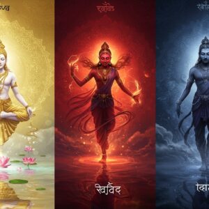 A serene triptych composition showing three distinct ethereal Indian figures symbolizing the Gunas: On the left, a luminous figure in pure white and gold representing Sattva, meditating peacefully amidst floating lotus flowers and ascending spirals of light, surrounded by crystal-clear water reflections. In the center, a dynamic figure in deep red and royal purple representing Rajas, shown in graceful motion with swirling energy patterns and flame-like elements around them, suggesting action and passion. On the right, a mysterious figure in deep blue and gray tones representing Tamas, partially shrouded in shadows with descending spiral patterns and dark clouds. All three figures are adorned with traditional Indian jewelry and flowing garments. The background features a large, intricate mandala pattern that transitions in color and complexity across the three sections - from pristine gold (Sattva) to vibrant red (Rajas) to deep indigo (Tamas). Sacred geometric patterns and Sanskrit symbols float subtly in the air. The art style combines hyperrealistic digital rendering with traditional Madhubani patterns, featuring a sophisticated color gradient from light to dark across the composition. Soft glowing orbs and ethereal light particles float throughout the scene, creating a mystical atmosphere.