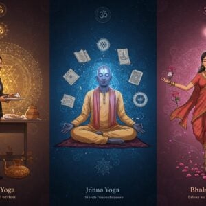 A serene triptych composition showing three interconnected Indian figures in modern clothing practicing different aspects of yoga - Left panel: A young Indian woman in business attire mindfully serving food at a community kitchen (Karma Yoga), her actions emanating soft golden ripples. Center panel: A peaceful Indian man in contemporary clothes seated in meditation posture, surrounded by floating sacred texts and geometric mandalas representing wisdom (Jnana Yoga), with ethereal blue light radiating from his third eye. Right panel: A graceful Indian woman in modern dress performing an ecstatic devotional dance with eyes closed in divine love (Bhakti Yoga), surrounded by swirling rose petals and soft pink aura. The background features intricate Madhubani-style patterns in deep indigo and gold. Sacred symbols like Om, lotus flowers, and subtle yantra patterns float throughout. The lighting is otherworldly with gradient colors transitioning from deep royal blue to soft rose gold. Art style combines hyperrealistic digital painting with traditional Indian artistic elements. The overall composition flows seamlessly between panels through connecting mandalas and light trails.