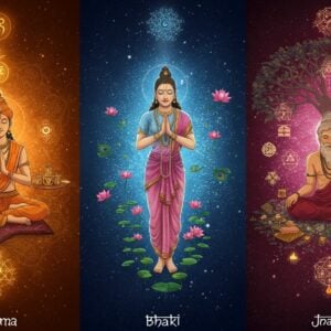A triptych-style composition showing three distinct but interconnected ethereal scenes against a cosmic background with swirling golden mandalas. Left panel: A serene Indian figure in meditation pose performing selfless service, surrounded by glowing karma symbols and spiral energy patterns in deep saffron. Center panel: A devotee in flowing robes with hands folded in prayer, radiating pure devotional love, surrounded by floating lotus flowers and spiritual light in peacock blue hues. Right panel: A wise sage in contemplation under a sacred banyan tree, with illuminated Sanskrit scriptures and geometric wisdom patterns floating around in maroon and gold. All three scenes connected by a flowing river of consciousness and divine energy. The artwork combines traditional Madhubani patterns in the borders with modern digital art techniques, featuring intricate details, soft glowing highlights, and a harmonious blend of deep and pastel colors. The background shows subtle transitions from dawn (karma) to noon (bhakti) to dusk (jnana), symbolizing the spiritual journey. Ethereal particles and sacred geometry patterns float throughout the composition.
