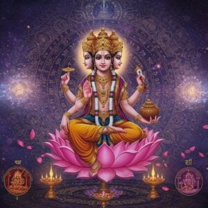 A mesmerizing digital artwork showing Lord Brahma with four heads and four arms, seated on a cosmic lotus in the center, surrounded by intricate clockwork mechanisms made of golden gears. His upper right hand holds the Vedas, upper left holds a string of prayer beads, lower right shows abhaya mudra, and lower left holds a kamandalu. The background features a large, ornate Kalachakra (wheel of time) in deep indigo and gold, with Sanskrit numerals floating ethereally. The scene is layered with multiple circular mandalas representing the four yugas - Satya, Treta, Dwapara, and Kali, each in distinct colors (gold, silver, bronze, and iron respectively). Swirling cosmic energies in deep purples and blues create a sense of eternal movement. The art style combines traditional Thanjavur painting elements with modern digital art techniques, featuring metallic accents and a soft ethereal glow. Small scenes from different yugas appear in circular vignettes around the main figure, showing the cyclical nature of time. The overall composition should be serene yet dynamic, with floating lotus petals and sacred geometry patterns adding depth and dimension.