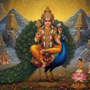 A majestic Lord Murugan seated on his celestial peacock mount against a luminous golden mandala background, holding his divine vel (spear) in his right hand and a lotus flower in his left. He wears traditional Tamil royal attire with rich silk veshti in deep maroon and gold, adorned with intricate temple jewelry. The peacock's feathers are rendered in brilliant peacock blue and emerald green with Madhubani-style patterns. Six sacred Tamil hills float in the background, each crowned with an intricate temple in Dravidian architecture style. Ethereal mist swirls around the hills, decorated with Tamil-style artistic motifs. The scene is illuminated by soft, divine light creating a mystical atmosphere. The foreground features detailed kolam patterns interwoven with blooming lotus flowers in soft pink and white. The overall composition combines traditional Pattachitra art style with modern digital aesthetics, featuring a color palette of gold, deep blues, maroon, and saffron. Small groups of devotees in traditional Tamil attire are shown at the base of each hill, giving scale to the divine scene. The lighting is dramatic yet serene, with golden rays emanating from Lord Murugan's form.