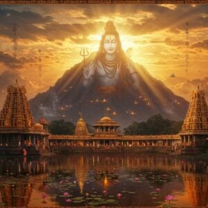 A majestic view of Mount Arunachala at dawn, bathed in golden-orange light with the ancient Arunachaleswara Temple in the foreground, its towering gopurams adorned with intricate Dravidian architecture details in gold and saffron. The temple reflects in a serene sacred tank filled with lotus flowers. Ethereal rays of light pierce through mystical clouds, creating a divine atmosphere. Small groups of devotees in traditional attire circumambulating the mountain on the Girivalam path, their forms creating a trail of soft glowing lights. Lord Shiva appears as a subtle, translucent form within the mountain's silhouette, holding damaru and trishul, surrounded by a massive column of fire reaching into the cosmic sky. The scene features floating diyas, trailing smoke from sacred fires, and detailed Madhubani-style patterns in the borders. The color palette includes deep maroons, burnt orange, gold, and peaceful blues, with floating mandalas and sacred Tamil symbols subtly woven into the composition. Photorealistic digital art style with mystical elements, emphasizing both grandeur and spirituality.