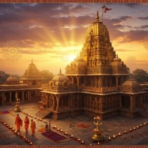 A majestic aerial view of an ancient Indian temple complex at sunset, with intricate Madhubani-style architectural details rendered in gold and deep saffron. The main temple spire rises prominently, adorned with detailed carvings and surrounded by multiple smaller shrines. A spiritual golden aura emanates from the temple dome. In the foreground, three Indian pilgrims in traditional attire (kurta and dhoti) walk along a stone pathway lined with lit brass diyas and scattered marigold flowers. The scene features mystical elements like floating mandalas and lotus patterns in peacock blue and maroon hovering in the air. The sky shows a gradient from deep orange to soft purple, with ethereal light rays breaking through clouds. Traditional Pattachitra-style decorative borders frame the scene, featuring geometric patterns and temple motifs. The overall composition combines photorealistic architecture with surreal spiritual elements, creating a harmonious blend of traditional and contemporary artistic styles. The lighting emphasizes the golden hour glow, creating a serene and inviting atmosphere.