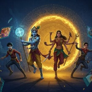 A dynamic scene showcasing three iconic Indian comic characters emerging from a swirling, golden-hued portal against a rich midnight blue background. The central figure is a modern interpretation of Krishna in sleek armor, wielding a digital-looking Sudarshan chakra that emits a vibrant neon blue glow. To his right, a fierce female warrior inspired by Durga, wearing contemporary tactical gear merged with traditional elements, her multiple arms holding modern and ancient weapons. To the left, a young tech-savvy superhero in a costume incorporating traditional Indian motifs and patterns. Behind them, a massive translucent mandala floats, its intricate patterns shifting between traditional Madhubani art styles and circuit board patterns. The scene is illuminated by ethereal light sources in saffron and peacock blue, creating dramatic shadows. Floating comic panels in various sizes surround them, each showing glimpses of different Indian comic art styles from realistic to manga-inspired. The environment features a blend of futuristic cityscape and ancient Indian architecture, with holographic Sanskrit symbols floating in the air. Art style combines hyperrealistic digital art with traditional Indian pattern work, emphasizing rich textures and metallic finishes.