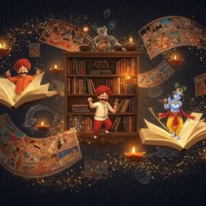 A magical bookshelf floating in a mystical library space, adorned with traditional Indian patterns and mandala designs in gold and deep blue. Featured prominently are iconic Indian comic characters coming alive and stepping out of their books - Supandi doing his signature pose, Chacha Chaudhary with his red turban and white mustache alongside his giant companion Sabu, young Krishna from Amar Chitra Katha performing his cosmic dance. The scene is illuminated by warm, glowing diyas and floating lotus lights. Comic panels spiral around the composition in 3D space, showcasing vibrant artwork in various Indian comic styles. The background features intricate Madhubani-style patterns in peacock blue and gold. Magical sparkles and swirling energy in saffron and golden hues surround the characters. The scene has a modern digital art aesthetic while maintaining traditional Indian art elements. The lighting is dramatic with a ethereal glow, creating depth and dimension. The overall composition should be dynamic and flowing, with pages seemingly floating in space. Hyper-detailed, cinematic, digital art style with rich textures.