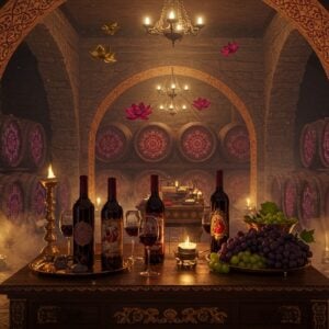 A luxurious Indian wine cellar with ancient stone archways adorned with intricate Madhubani-style vine patterns in gold and deep burgundy. In the foreground, an elegant arrangement of wine bottles on a carved wooden table with gold inlay, surrounded by crystal wine glasses catching soft ambient lighting. The bottles feature distinct Indian designs and patterns reminiscent of Pattachitra art. Behind, rows of oak barrels extend into the distance, each decorated with mandala patterns in deep purple and gold. Floating ethereal lotus flowers in rich wine-red and gold colors illuminate the space. The scene is complemented by fresh Indian grapes in deep purple and green hues arranged on gold-trimmed brass platters. Wisps of golden mist float through the air, creating a mystical atmosphere. The lighting is warm and intimate, with strategically placed oil lamps creating a play of light and shadow. The color palette focuses on deep wines, burgundies, royal purples, and warm golds, with highlights of emerald green from grape leaves. The style combines photorealistic details with ethereal Indian artistic elements. 8k resolution, cinematic lighting, extreme detail.