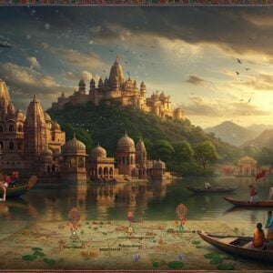 A panoramic digital artwork showcasing a majestic Indian landscape composition with ancient temples in the background blending into modern elements. In the foreground, a detailed map-like illustration shows interconnected destinations with intricate Madhubani-style borders. The scene features the iconic Bajrangarh Fort on a hill with soft golden sunlight, surrounded by lush green forests. A serene lake reflects the sky, with traditional boats adorned with colorful patterns. Modern Indian tourists in contemporary clothing explore the scene, taking photos. The color palette combines deep maroons, peacock blues, and warm golds. Ethereal glowing mandalas float in the sky, creating a mystical atmosphere. The scene includes detailed architectural elements of Chanderi's historical buildings, decorated with traditional Bundelkhandi patterns. Small details like flying birds, flowing fabric, and floating lotus flowers add movement. The lighting is dramatic with sun rays filtering through clouds, creating a dreamy, inviting atmosphere. The art style merges hyperrealistic architectural details with stylized Indian art elements, maintaining a modern, travel-friendly aesthetic.
