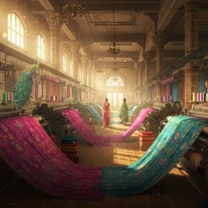 A grand, opulent Indian textile factory interior with sunlight streaming through massive windows, illuminating rows of modern weaving machines operated by skilled artisans in traditional attire. In the foreground, vibrant rolls of silk fabric in jewel tones (deep sapphire, royal purple, emerald green) cascade elegantly like waterfalls. Traditional Madhubani-style border patterns seamlessly blend with contemporary geometric designs on the textiles. The scene features floating golden threads forming intricate mandalas in the air, while peacock motifs and lotus patterns emerge from the fabrics. Modern industrial elements merge with traditional Indian architectural details, showing carved wooden pillars with gold accents. Soft, diffused lighting creates a magical atmosphere, with particles of cotton and silk floating in the golden sunbeams. The color palette includes rich magentas, royal blues, and burnished golds, with subtle pastels in the background. Hyperrealistic digital art style with magical realism elements, rendered in 8K quality with high attention to textile textures and light interaction with different fabric types.
